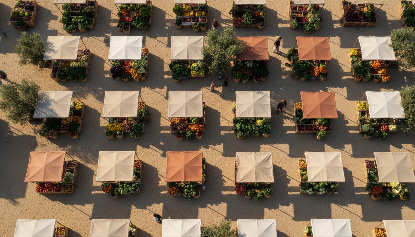 Aerial view of farmers market with fresh produce
